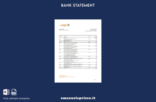 Modello Excel di estratto conto bancario Mali Banque Atlantiaque in stile verifi